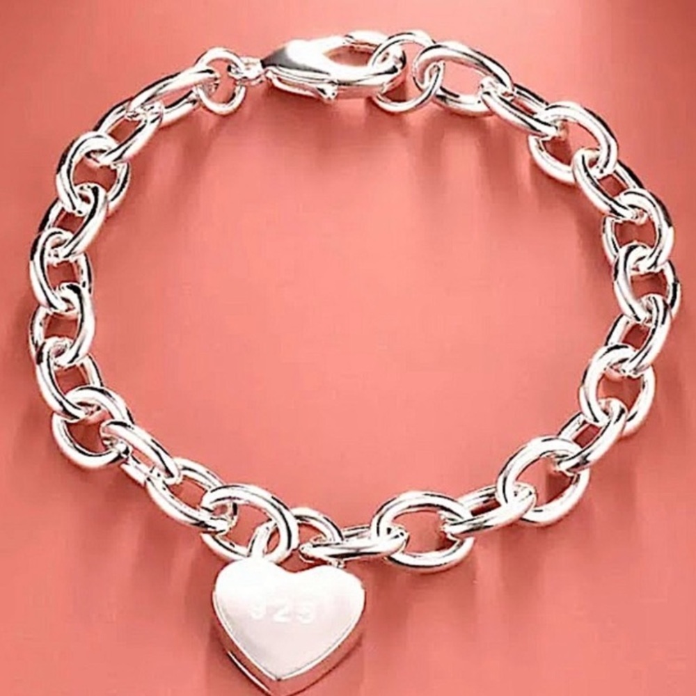 Sterling Silver Heart Lock Necklace Bracelet Chain Link Matching Set - Picture 6 of 6